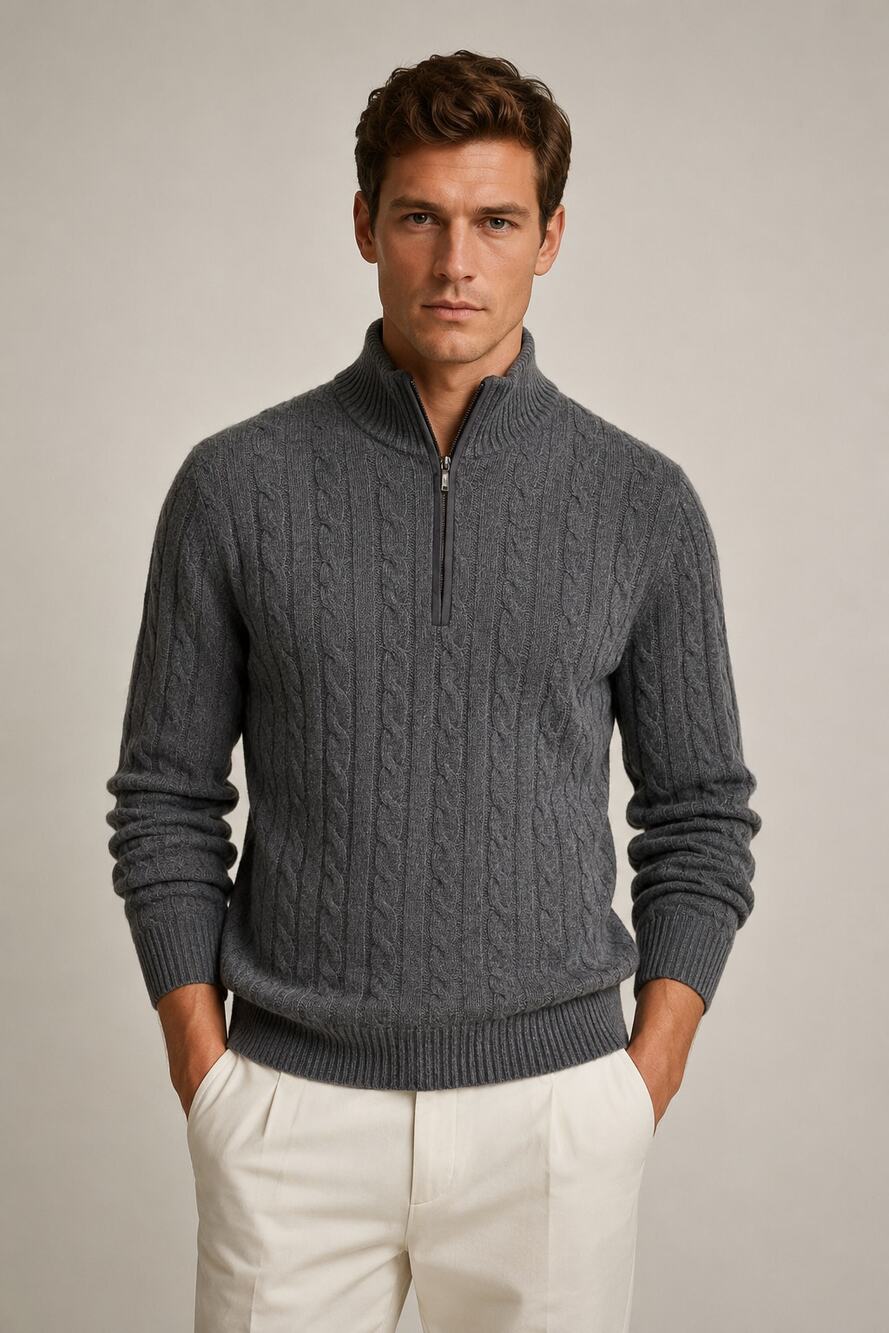 Loro Piana Baby Cashmere Treccia Cable Knit Quarter Zip Sweater Gray Men Size 54